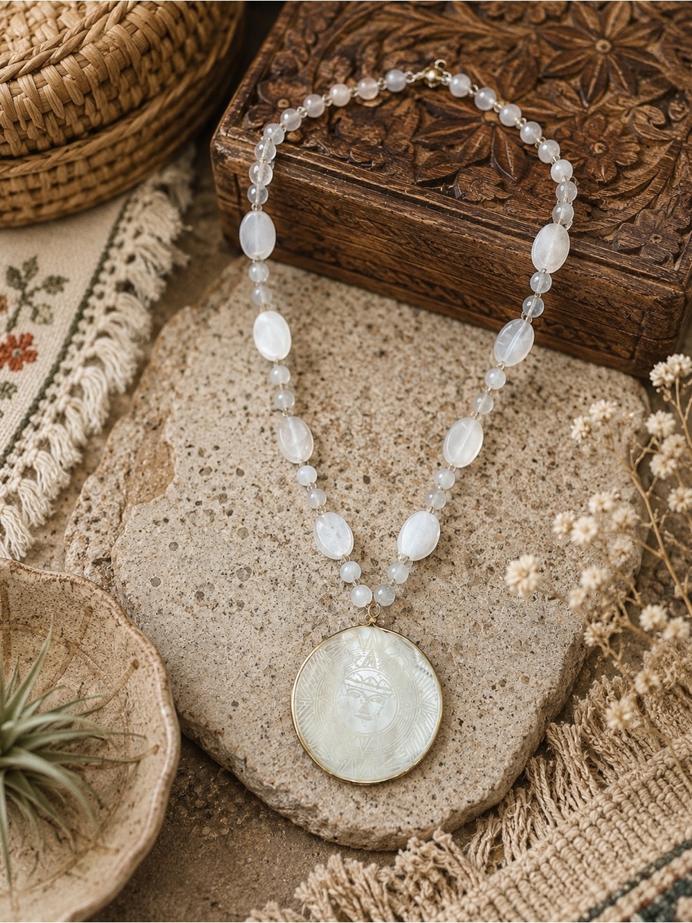 Vintage Mexican White Agate Etched Aztec Sun God Stone Pendant Bead Necklace 30”